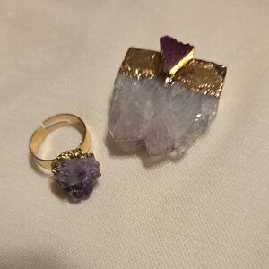 Gold-Tone Amethyst Crystal Ring and Brooch Set - Purple